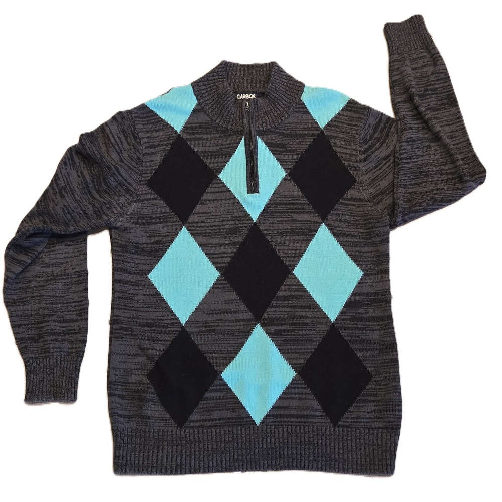 Carbon Argyle Quarter Zip Sweater Charcoal Blue Black XL Men's